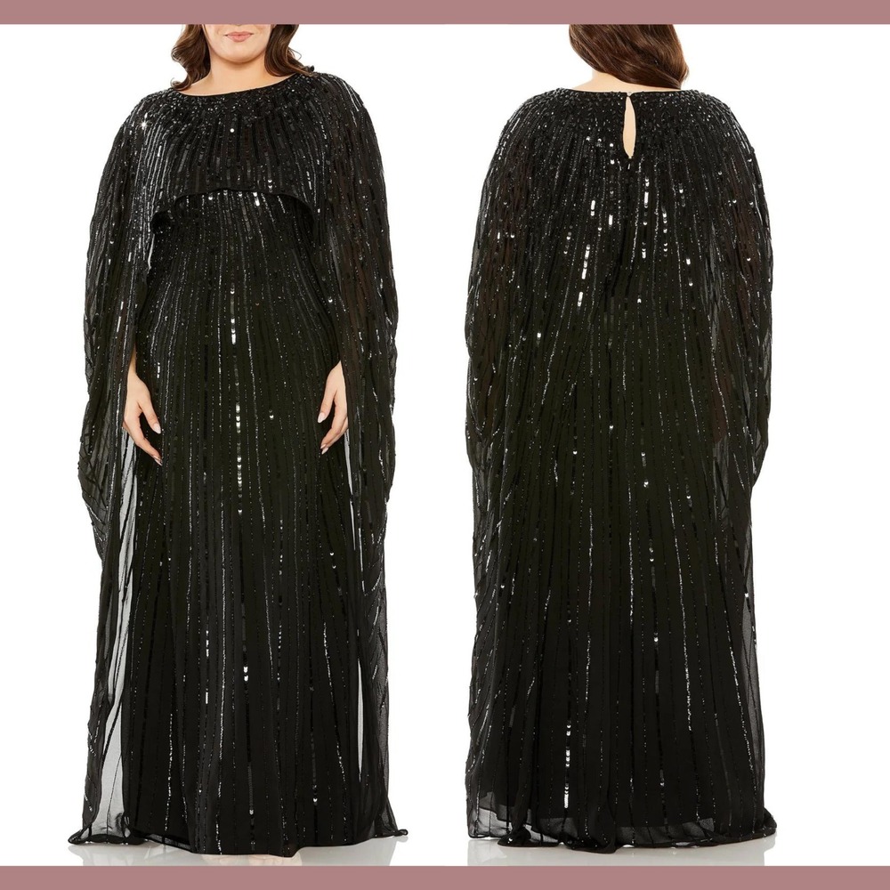 NWT Mac Duggal [ 18W ]‎ 93993 Embellished Beaded Column Cape Gown Black Q1160